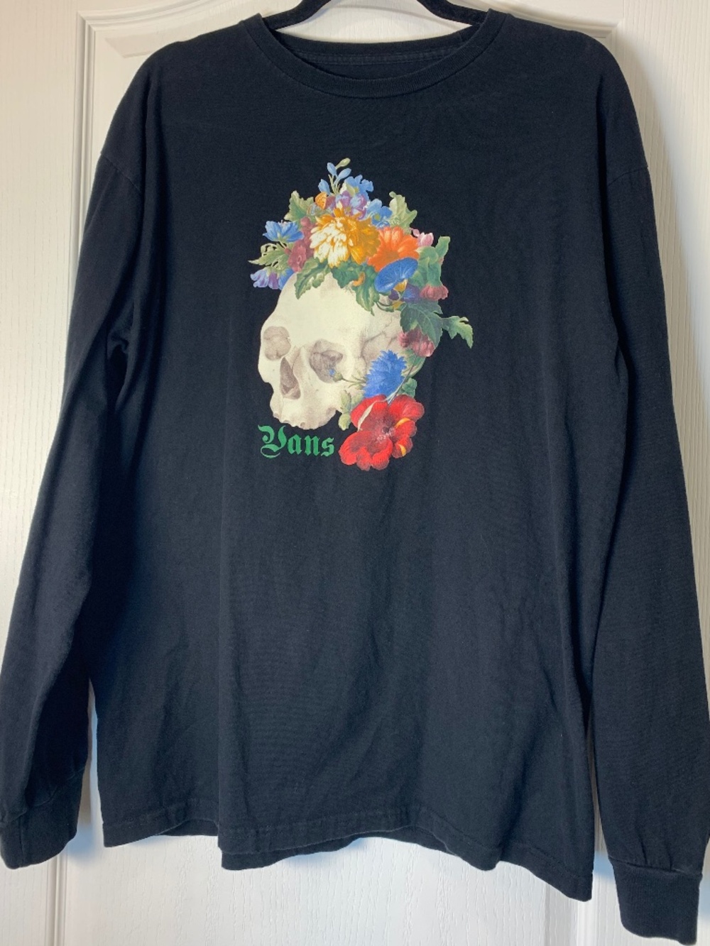 Vans Skull Floral Graphic Long Sleeve Tee – Black Cotton Skate Shirt L Unisex